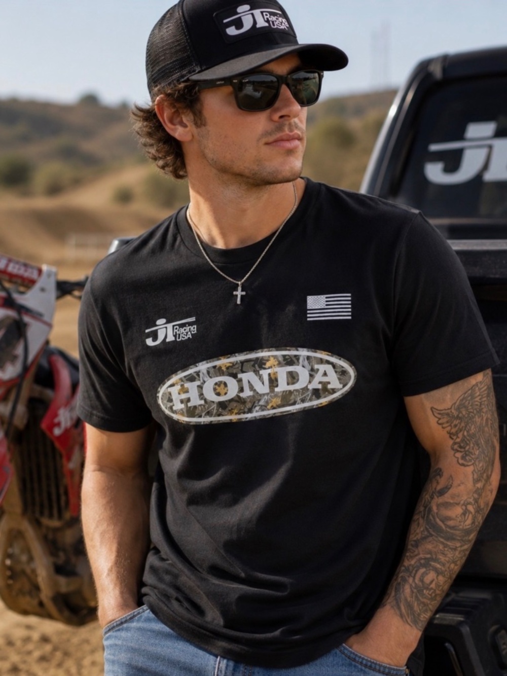 JT Racing USA Honda Camo Logo Moto T-Shirt Team Full Throttle Graphic Large